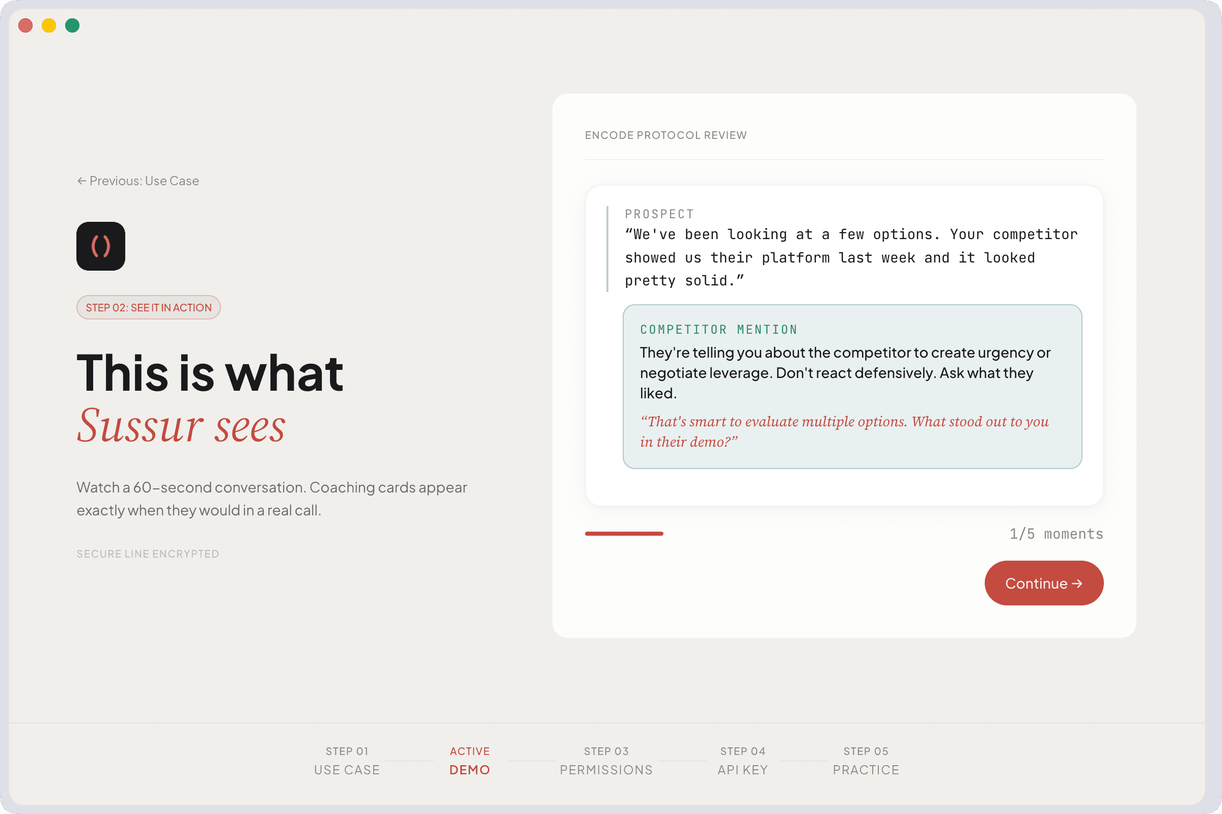 Sussur showcase onboarding step previewing what the product does after install